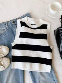 Top tejido crop con patrón de rayas para uso casual  para mujeres - Blanco y Negro - Ver 3
