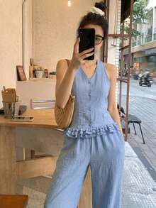 DAZY Bộ đồ mùa xuân hè gồm áo khoác cardigan không tay ôm dáng, viền bèo nhún và quần ống đứng thoải mái, thanh lịch cho công sở, những dịp lãng mạn, đi biển hoặc nghỉ lễ. - Màu xanh lam - Xem 3