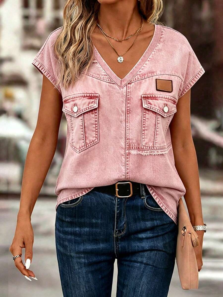 EMERY ROSE Women's Standard V-Neck Denim Print Short Sleeve T-Shirt - White - View 1