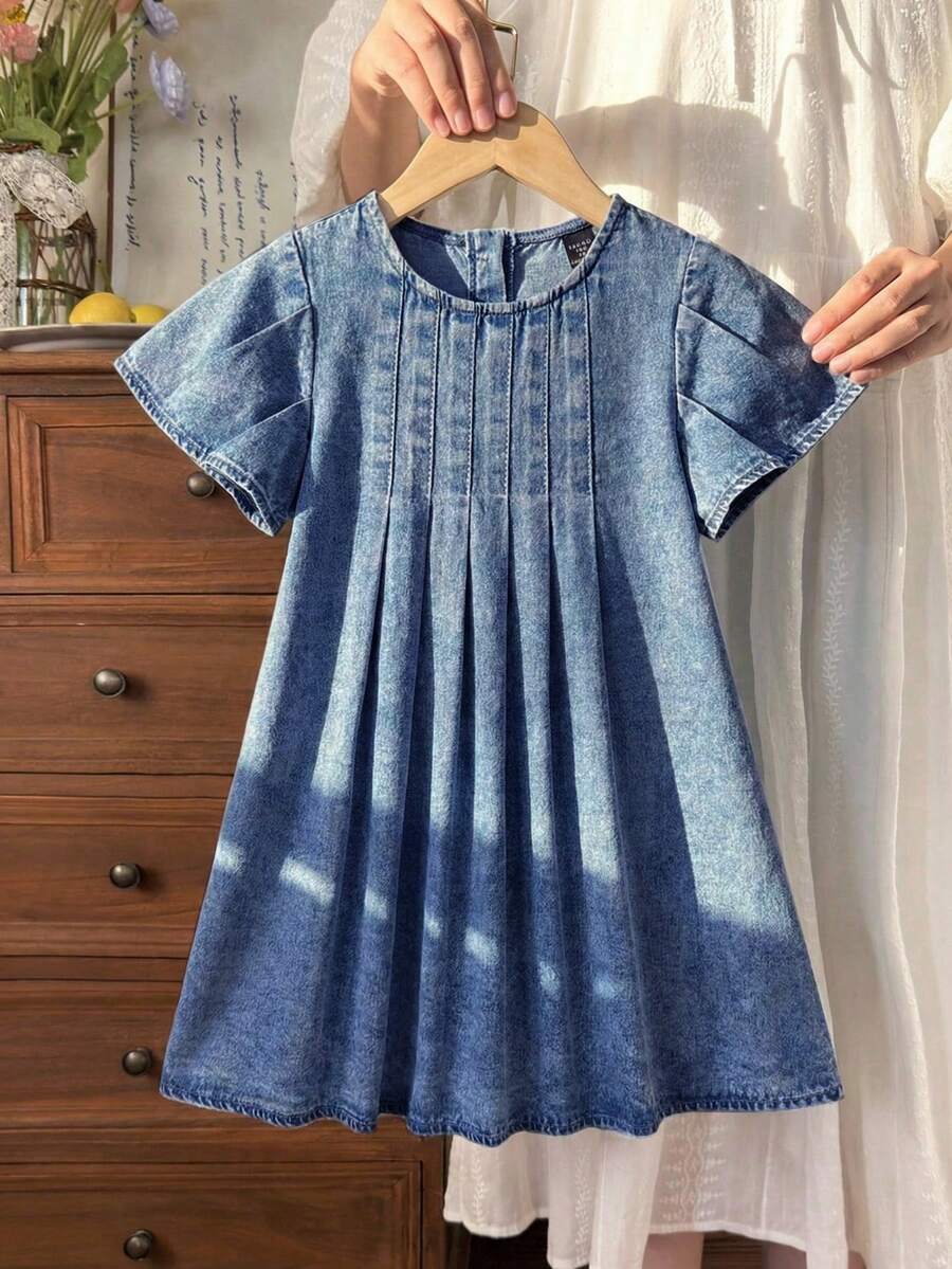 SHEIN LMoss Kids Young Girl Blue Denim Ruffle Hem Loose Dress - Dark Wash - View 1