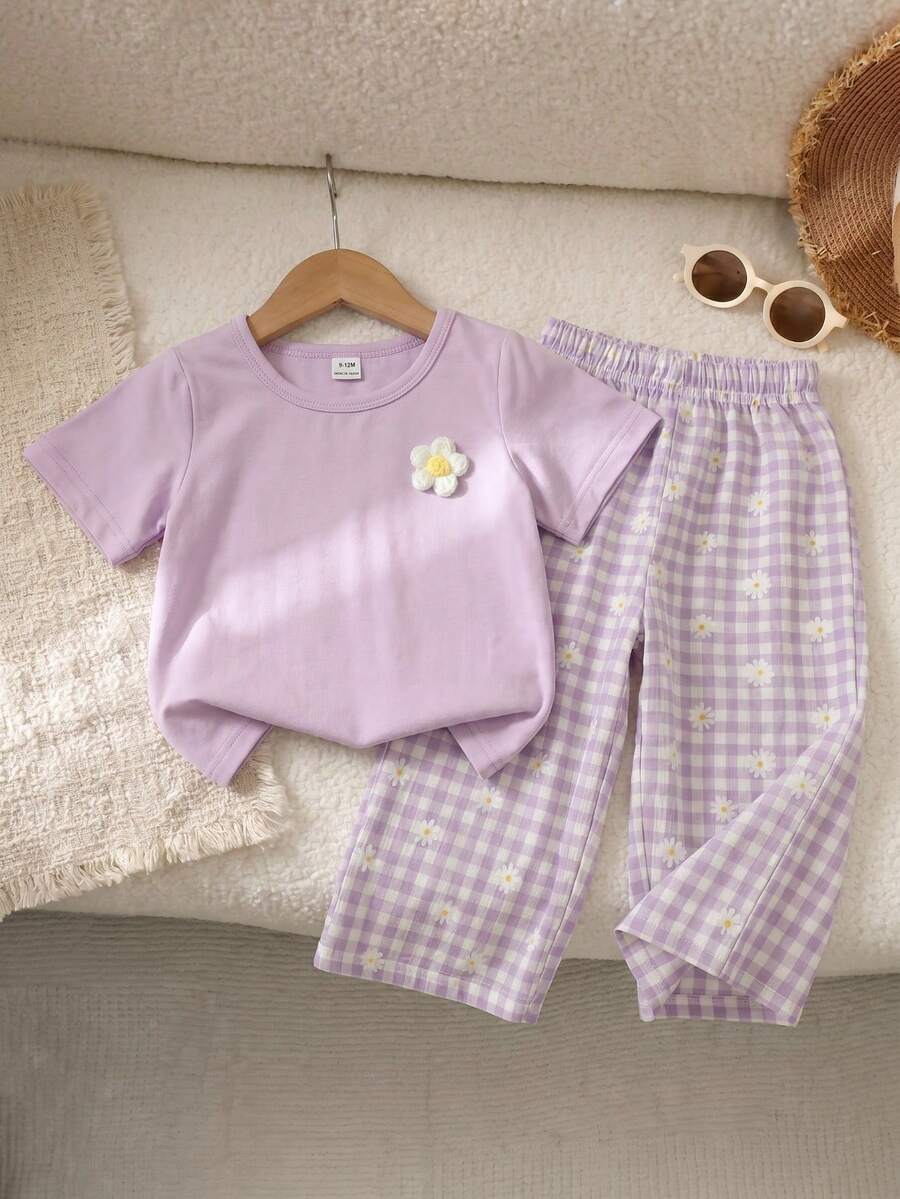 SHEIN Playful Pals 女婴3D立体花卉装饰圆领短袖T恤搭配格子裤休闲日常装 - 淡紫色 - 查看 1