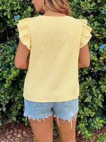 SHEIN VCAY Áo sơ mi tay ngắn kẻ caro dáng rộng cỡ lớn - Màu vàng - Xem 2