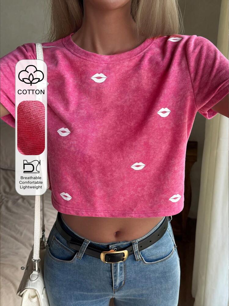 Women's Short Sleeve Loose Fit Allover Print Casual Street T-Shirt, Fuchsia