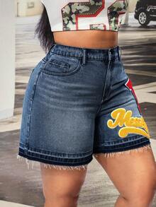 Slaydiva Plus Size Women's Non-Stretch Denim Shorts, American Retro Multicolor Letter Embroidered Pattern Straight Leg Jeans Shorts - Medium Wash - View 6