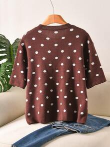 CosyJoli Plus Size Elegant French Polka Dot Minimalist Casual Pullover Top, Suitable For Commuting Fall/Winter - Brown - View 4