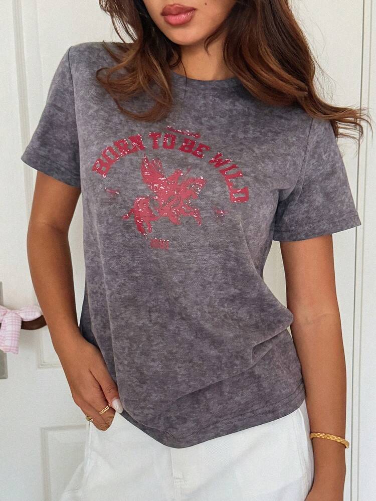 Women's Loose Fit Round Neck Short Sleeve Letter Print Casual Street T-Shirt