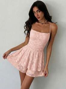 Aloruh Women's Fashion Versatile Cut-Out Double Ruffle Hem Camisole Romper - Dusty Pink - View 3