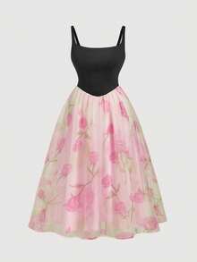 SHEIN MOD Plus Size Summer Black Elegant Wedding Ninang 2 In 1 Contrast Color Printed Organza Dress,Vintage Palace Style Garden Party Ball - Multicolor - View 6