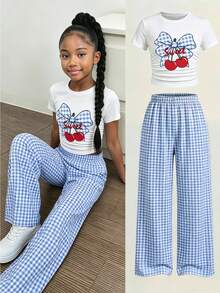 Bộ đồ thường ngày 2 món cho bé gái tuổi teen, áo croptop trắng in hình nơ anh đào và quần ống rộng kẻ caro xanh, chất liệu mềm mại, thoải mái cho bé gái 8-12 tuổi, thích hợp mặc hàng ngày, đi học, đi nghỉ mát, thư giãn, thoáng khí và nhẹ. - Nhiều màu - Xem 3