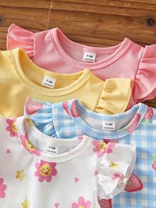 SHEIN 8件組女嬰 (0-3歲) 夏季可愛白色度假休閒格紋向日葵短袖背心T恤上衣與短褲套裝 - 彩色 - 查看 3