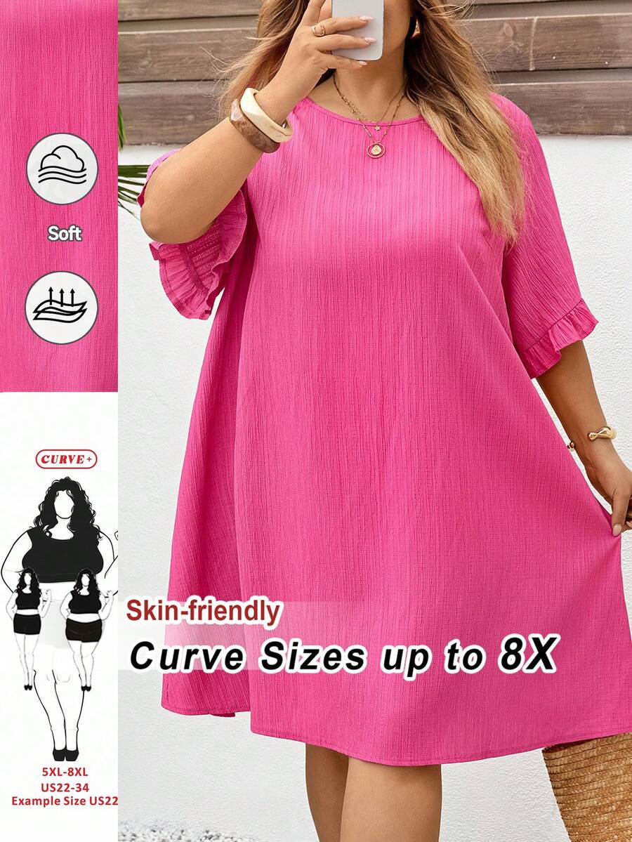 SHEIN CURVE+ Plus Size Women's Solid Color Round Neck Short Sleeve Straight Loose Casual Dress For Summer/ Vacation Summer Dress Summer Outfits Summer Clothes Spring Dress Spring Outfit Women Spring Clothing Floral Dress For Women Beach Vacation Outfits For Women Vacation Dress Bohemian Pink Dress Summer Plus Size Dress - Hot Pink - View 1
