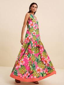 LOTSLUV Vestido de verano/primavera para mujer, estampado tropical de piña y loro en fucsia y verde, cuello redondo, sin mangas, corte holgado - Multicolor - Ver 3