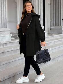 SHEIN LUNE Chaqueta casual de manga larga con capucha y cremallera frontal de color liso para tallas grandes, ropa de otoño para tallas grandes - Negro - Ver 6