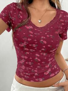 EMERY ROSE Women's Sweet Floral Print Lace Collar Patchwork Cropped T-Shirt - Rusty Rose - View 3