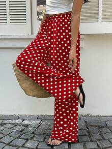 Sunnyshic Quần ống rộng cạp thấp, thắt dây rút, họa tiết chấm bi đen dành cho nữ, thích hợp cho kỳ nghỉ xuân/hè, phong cách bohemian thanh lịch, đi làm, retro tối giản, đa năng mặc hàng ngày. - Màu Đỏ Sâu - Xem 6