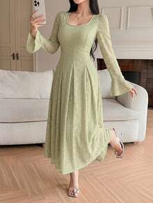 DAZY Vestido midi elegante de mujer con textura de pétalos florales y mangas, vestidos de verano para mujer - Verde Pastel - Ver 5