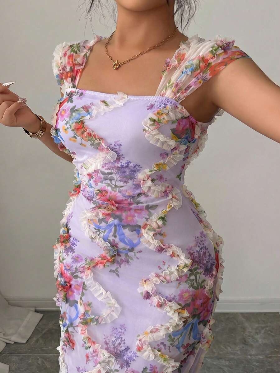 Elenzga 大码女士优雅浪漫随机印花褶皱腰身中长连衣裙,适合春夏婚礼、派对、约会及其他场合穿着。 - 紫色 - 查看 1