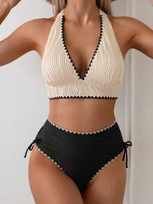 Swim Basics 2件組女款性感螺紋撞色比基尼泳衣套裝 - 彩色 - 查看 1