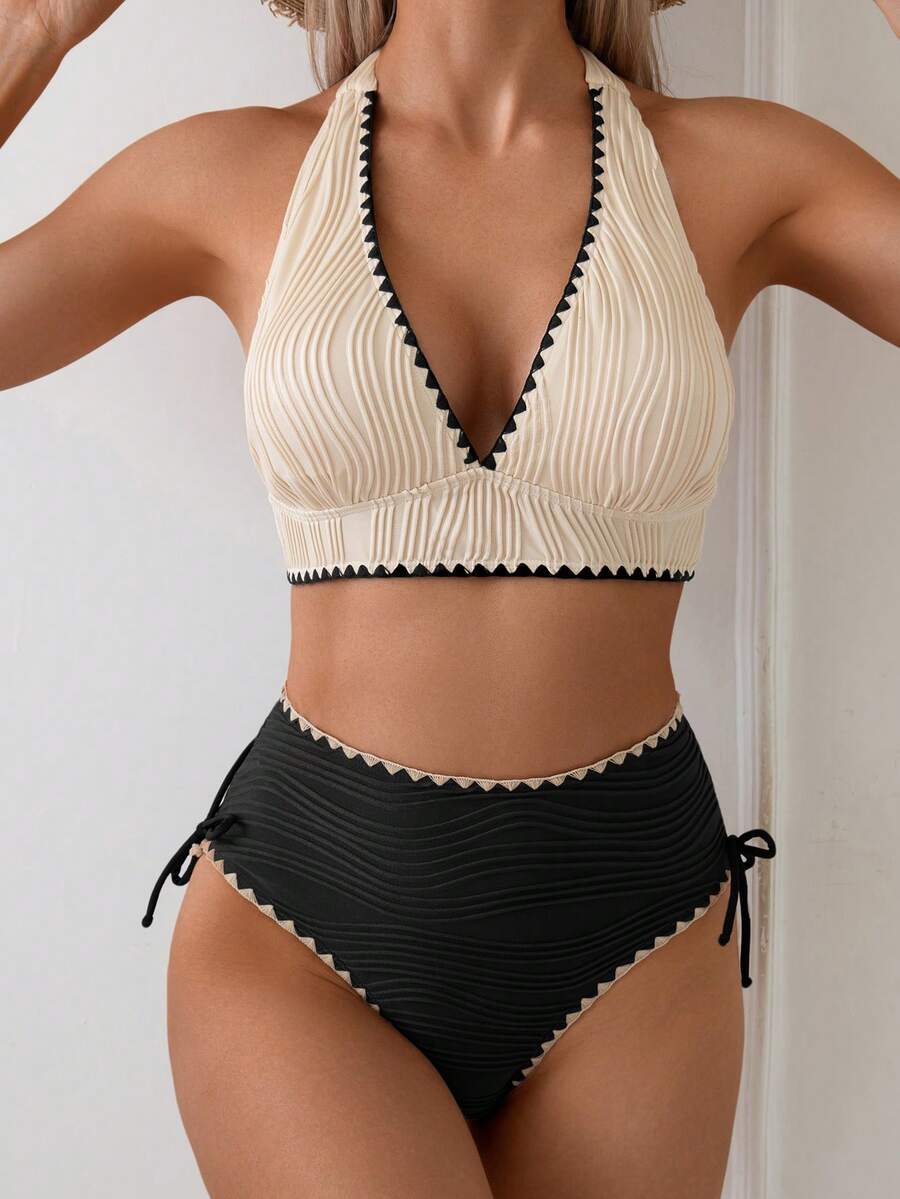 Swim Basics 2件組女款性感螺紋撞色比基尼泳衣套裝 - 彩色 - 查看 1
