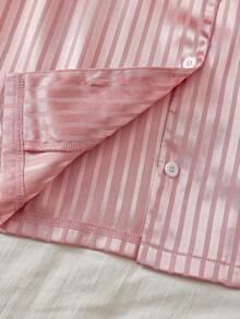 2-Piece Girls Kids Summer Pink Stripe Cute Nighties,Lapel Collar Short Sleeve Ruffle Trim Satin Pajamas Set,Ice Silk Sleepwear Loungewear Homewear - Dusty Pink - View 7