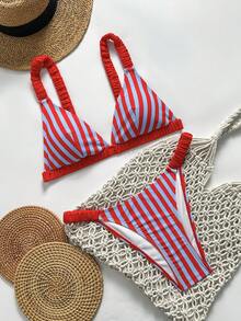 SHEIN Swim 女款夏季度假休閒海灘套裝，紅藍條紋印花比基尼兩件式泳衣套裝，附綁帶設計 - 彩色 - 查看 5