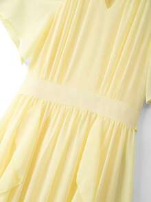 SHEIN Franclia 女士度假亮片饰边露肩荷叶边连衣裙 - 淡黃色 - 查看 7