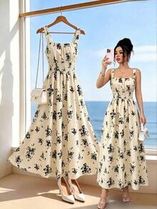 SHEIN Raffinéa Đầm maxi dáng chữ A không tay màu đen in hoa, thanh lịch, kiểu dáng thường ngày dành cho nữ, thích hợp cho kỳ nghỉ hè, có xếp ly ở ngực và dây rút ở eo. - Màu be - Xem 1