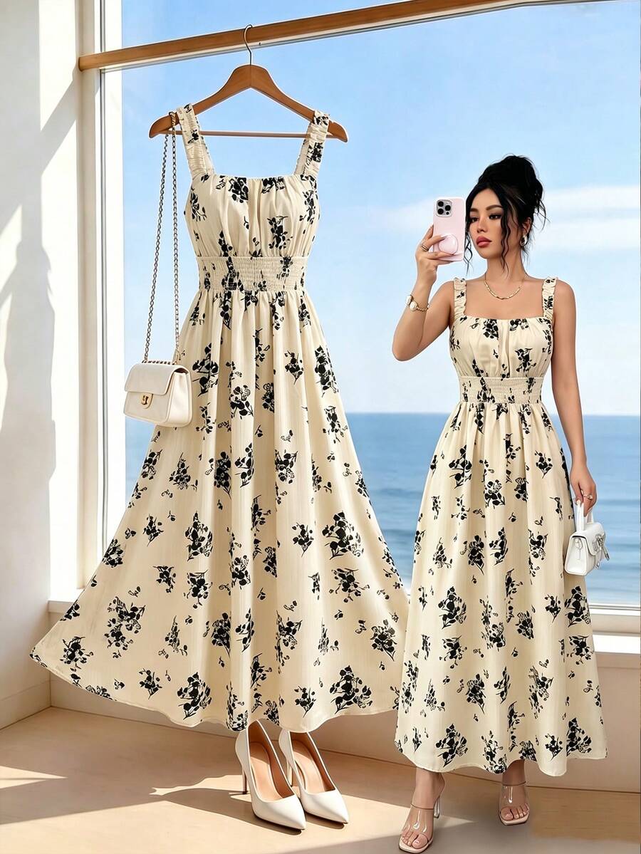 SHEIN Raffinéa Đầm maxi dáng chữ A không tay màu đen in hoa, thanh lịch, kiểu dáng thường ngày dành cho nữ, thích hợp cho kỳ nghỉ hè, có xếp ly ở ngực và dây rút ở eo. - Màu be - Xem 1