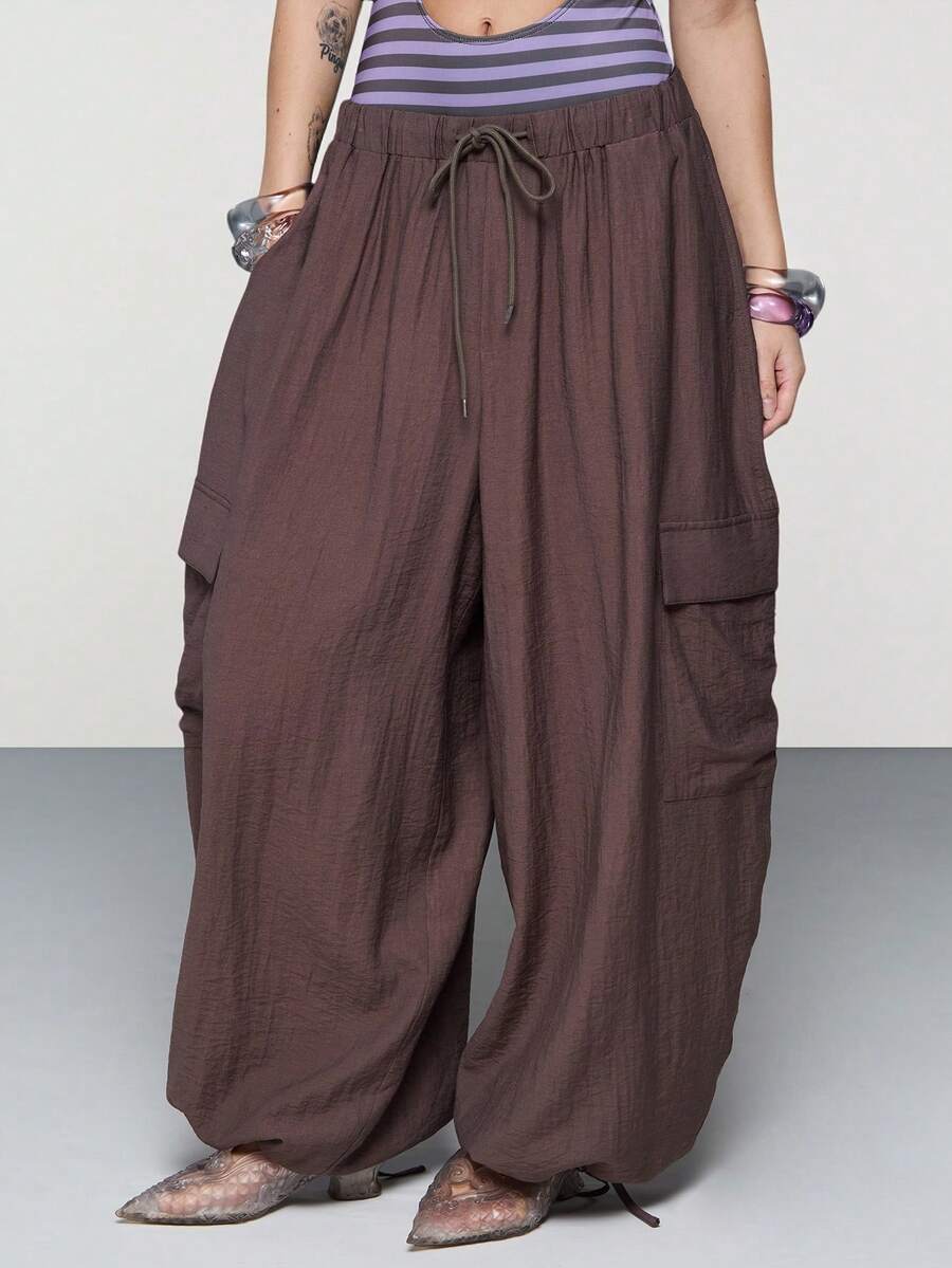 COUREZ Drop Crotch Baggy Balloon Cargo Trousers In Linen/Y2K Summer Outfits For Women Bottoms Party Festival Clothes Spring - Brown - View 1