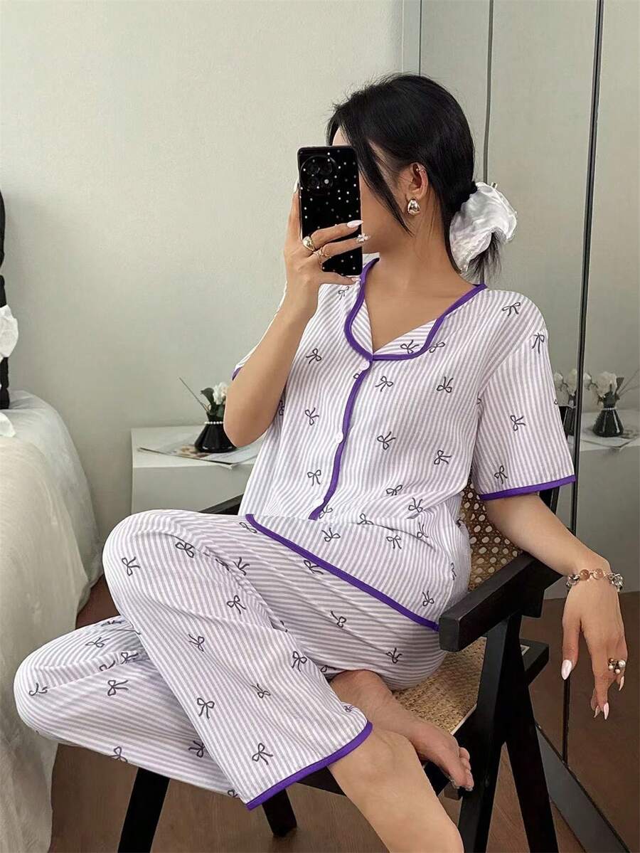 SHEIN 粉色和白色条纹蝴蝶结开衫休闲女士睡衣套装 - 紫色 - 查看 1
