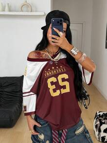 Coolane 女士夏季节日街头风复古透气网眼数字图案棒球衫红色V领短袖印花T恤黄色，夏季，校园 - 彩色 - 查看 5