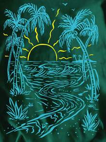EMERY ROSE Women's Palm Tree Print Round Neck Short Sleeve T-Shirt - Dark Green - View 5