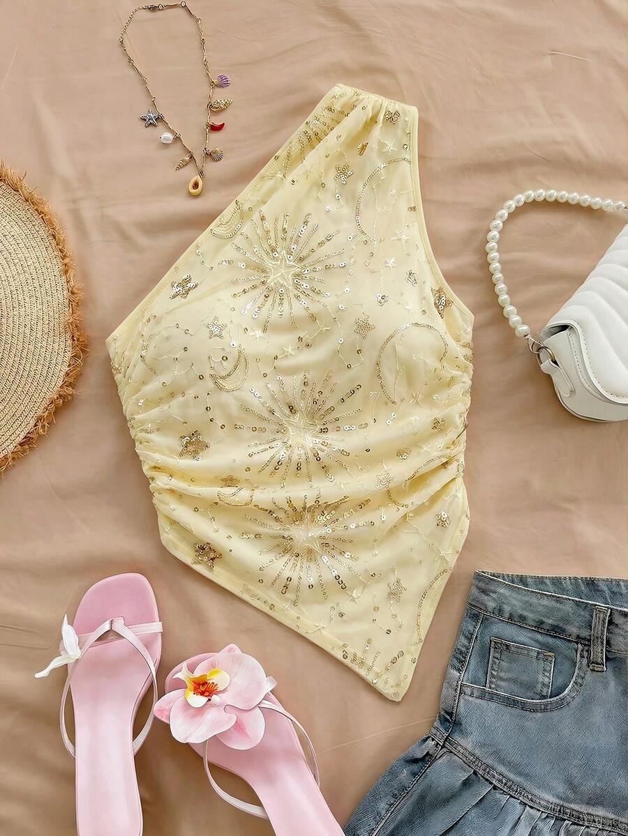 Soleia Áo nữ cổ lệch vạt, vạt bất đối xứng, thích hợp cho kỳ nghỉ, đám cưới trên bãi biển, tiệc tốt nghiệp, ngày lễ Thánh Patrick, kỳ nghỉ xuân, lễ Phục sinh, lễ hội âm nhạc, phong cách boho nhiệt đới thanh lịch, tiệc tùng, đính sequin, màu nâu, ngày lễ tình nhân. - Màu Hồng baby - Xem 1