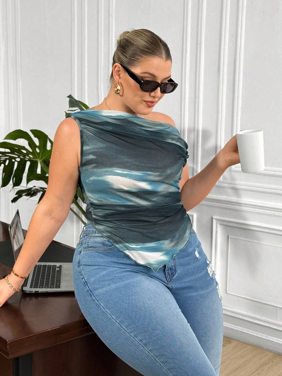 Truni Blusa romántica de corte slim con tie-dye, sin mangas y bajo asimétrico para mujer talla grande - Multicolor - Ver 1