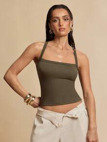 Silquee Women's Military Green Basic Ribbed Tank Top, Versatile Open Back Cross Design, Slim Fit, Suitable For Summer Wear, Commuting And Everyday Wear. - Green - View 1