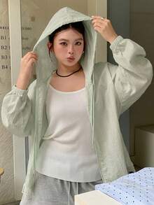 Dazy Plus Jaket Kasual Gaya Liburan, Lengan Panjang Berkerudung, Bahan Bertekstur Longgar, Patchwork Renda, Ukuran Besar Wanita, Musim Semi/Panas - Mint Green - View 7