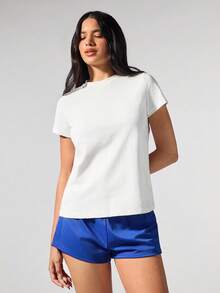 Fluxe Áo thun cổ tròn tay ngắn dệt trơn đơn giản thoải mái cho nữ - trắng - Xem 7