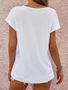 EMERY ROSE Women's Solid Color Round Neck Pocket Design Casual Loose T-Shirt - White - View 2