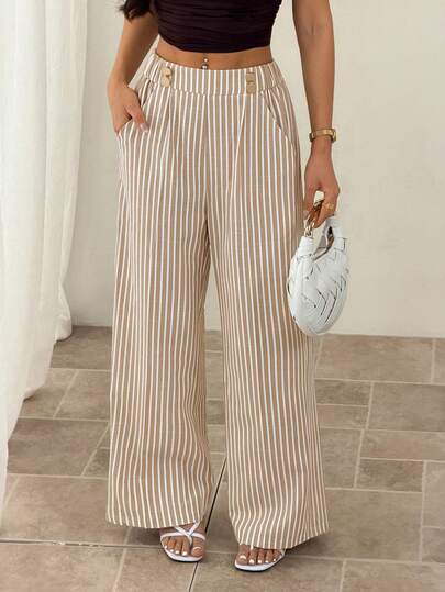 SHEIN PETITE Women's Spring/Summer Fashion: Apricot-Colored Straight-Leg Trousers With Double Buttons And Striped Pattern-Perfect For Vacations, Leisure, Commuting, Romantic Getaways, Cruise Travel, Street Style, Wedding Guest Attire, Bohemian Style, Everyday Wear, Minimalist, Versatile, And Travel-Women's Trousers