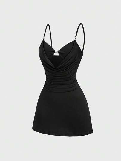 Sweetra Women's Elegant Sexy Solid Color Plunging Neck Hollow Out Camisole Mini Dress, Summer