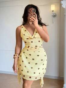 Auralis Plus Size Women's Yellow Summer Polka Dot Print Classy Vacation Mini Dress, Personalized Chic Elegant Y2K Style For Party, Bar, Prom, Commute Dress - Yellow - View 4