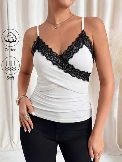 Reflora Camiseta de tirantes con volantes de encaje en contraste para mujer talla grande