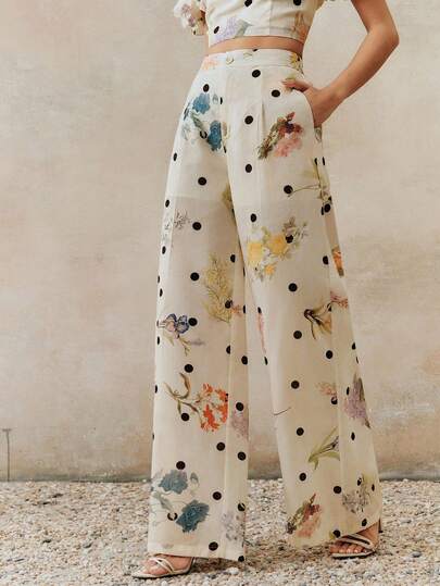 Anewsta Pantalones largos de mujer de primavera/verano con estampado floral de lunares en toda la prenda, color beige albaricoque de baja saturación, diseño plisado, tela con tacto de lino, cintura ceñida y pierna recta