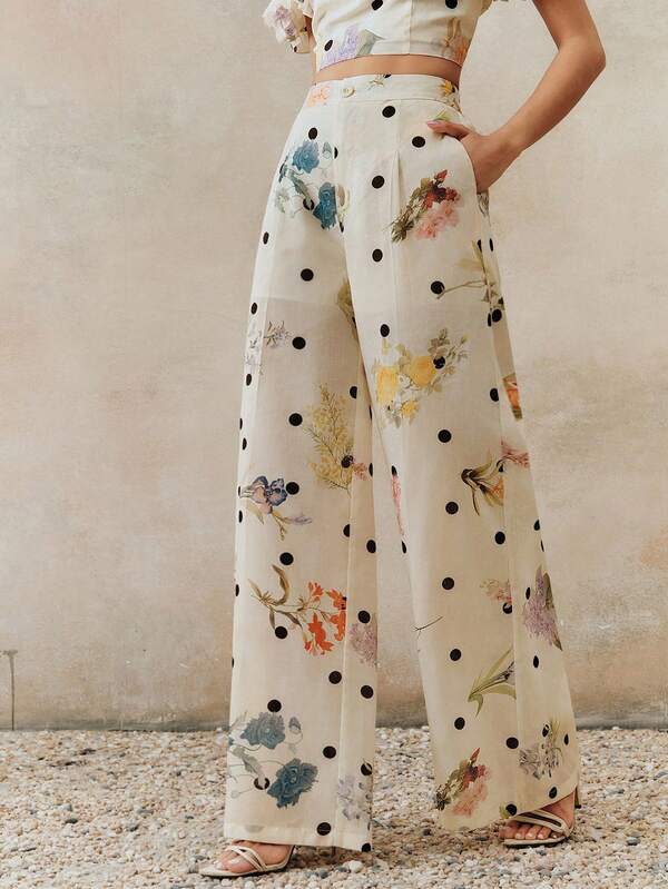 Anewsta Spring/Summer Polka Dot All-Over Floral Print Low Saturation Beige Apricot Color Pleated Design Linen-Feel Fabric Waist-Cinching Straight Leg Women's Long Pants