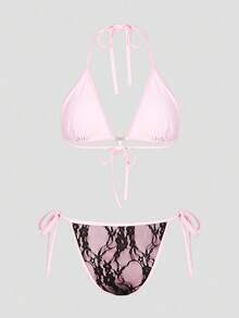 ROMWE Goth Conjunto de bikini con escote halter, espalda descubierta y parches de encaje con forma de corazón y strass, estilo gótico oscuro para mujer. Elegante para playa, vacaciones y uso casual en primavera/verano/otoño. - Rosa - Ver 5