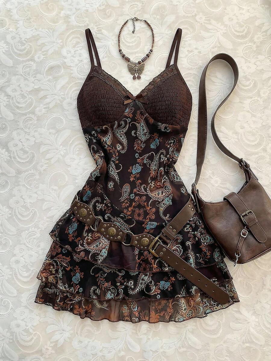 SHEIN PETITE 女款洋裝,佩斯利腰果花卉印花,棕色度假風,拼接對比色網格印花,適合嬌小女性 - 棕色 - 查看 1