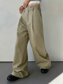 DAZY Calça casual de perna larga e solta de cor sólida para mulheres, Primavera/Verão - Verde Militar - Visão 3