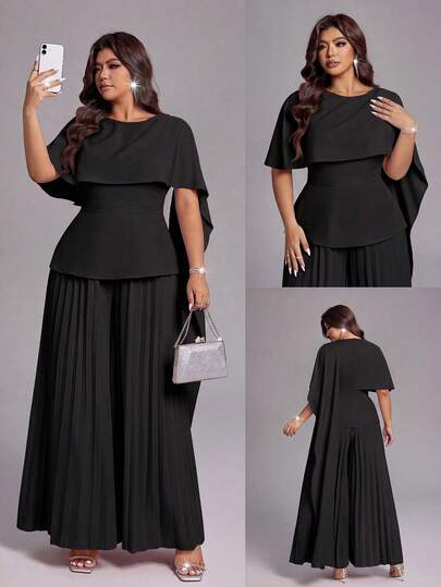 Viva Relle Plus Size  Summer Black,Autumn,Elegant,Formal,Dinner,Evening Luxury Banquet Asymmetric Cape Shoulder Cinched Waist Wide Leg Jumpsuit  Wedding Guest