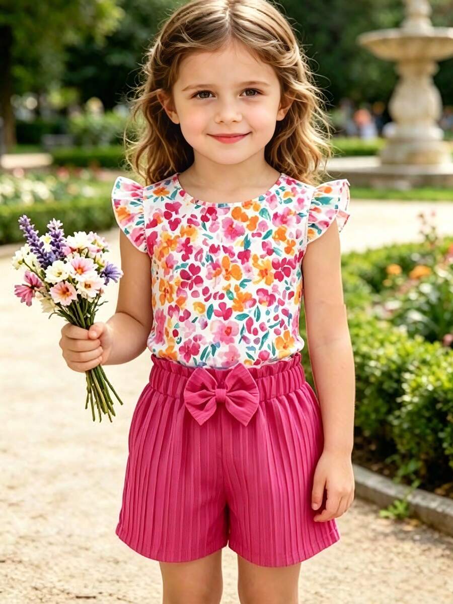 SHEIN Elladie kids Young Girl Floral Print Round Neck T-Shirt + 3D Bow Shorts Set - Blue - View 1