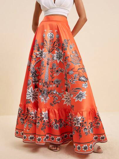LOTSLUV Falda fluida con estampado naranja para mujer, adecuada para vacaciones de primavera/verano